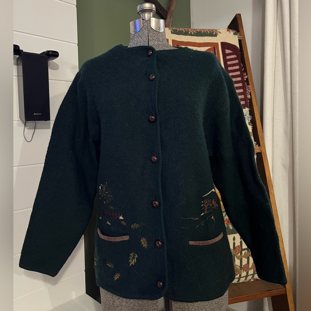 Women's Dark Green Wool Sweater with Embroidered Details